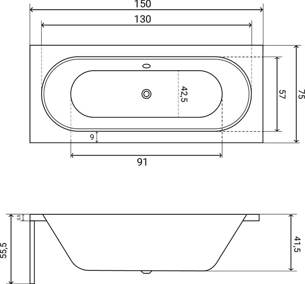 Ванна акриловая Lauter Ava 150 / 21208050 (с каркасом, черным подголов, черным лиц. и торц. экраном)