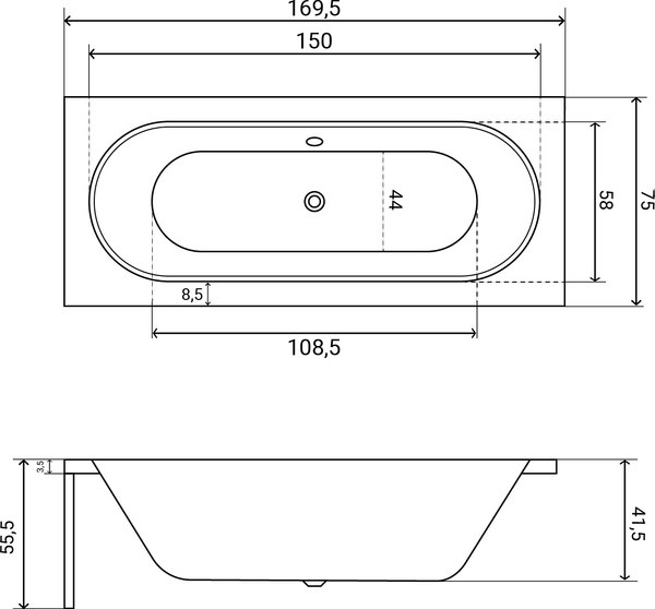 Ванна акриловая Lauter Ava 170 / 21208070 (с ножками, серым подголов, белым лиц. и торц. экраном)