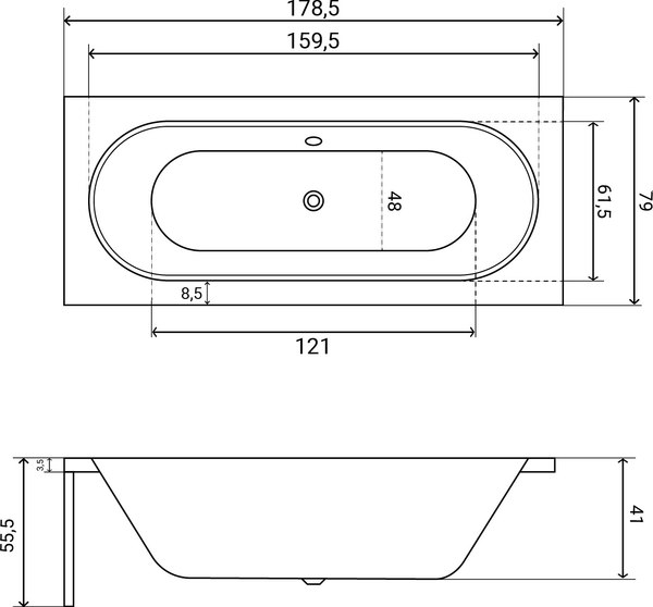 Ванна акриловая Lauter Ava 180 / 21208080 (с ножками, черным подголов, черным лиц. и торц. экраном)