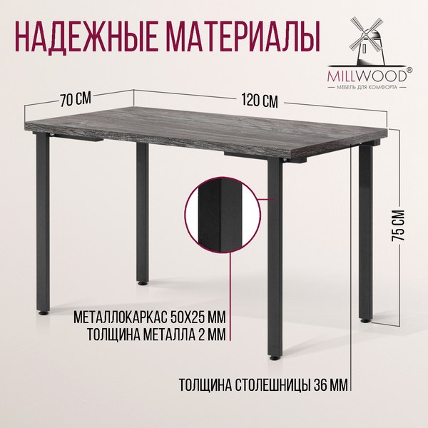 Купить Обеденный стол Millwood Лофт Прага Л 120x70x75 в Молодечно