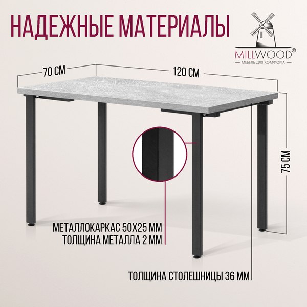 Купить Обеденный стол Millwood Лофт Прага Л 120x70x75 в Молодечно