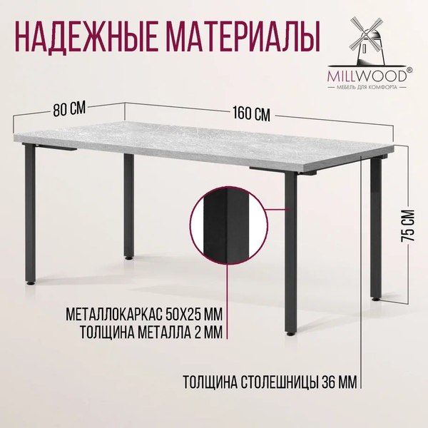 Купить Обеденный стол Millwood Лофт Прага Л 160x80x75 в Слуцке