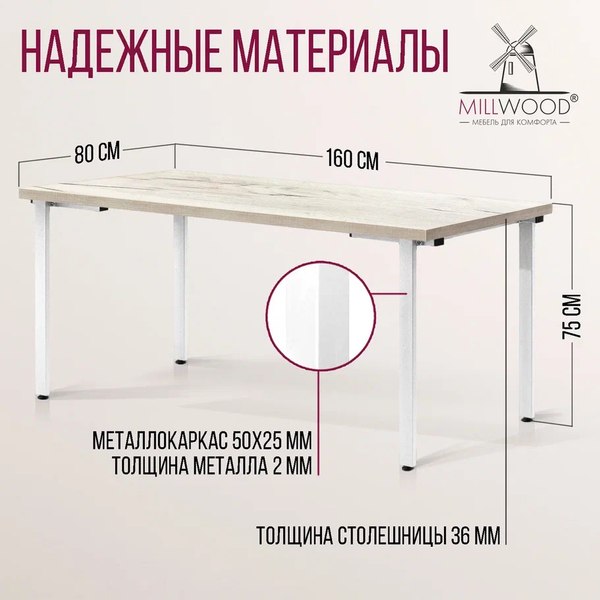 Купить Обеденный стол Millwood Лофт Прага Л 160x80x75  