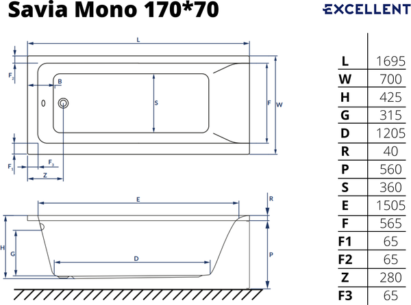 Купить Ванна акриловая Excellent Savia Mono 170x70 в Минске