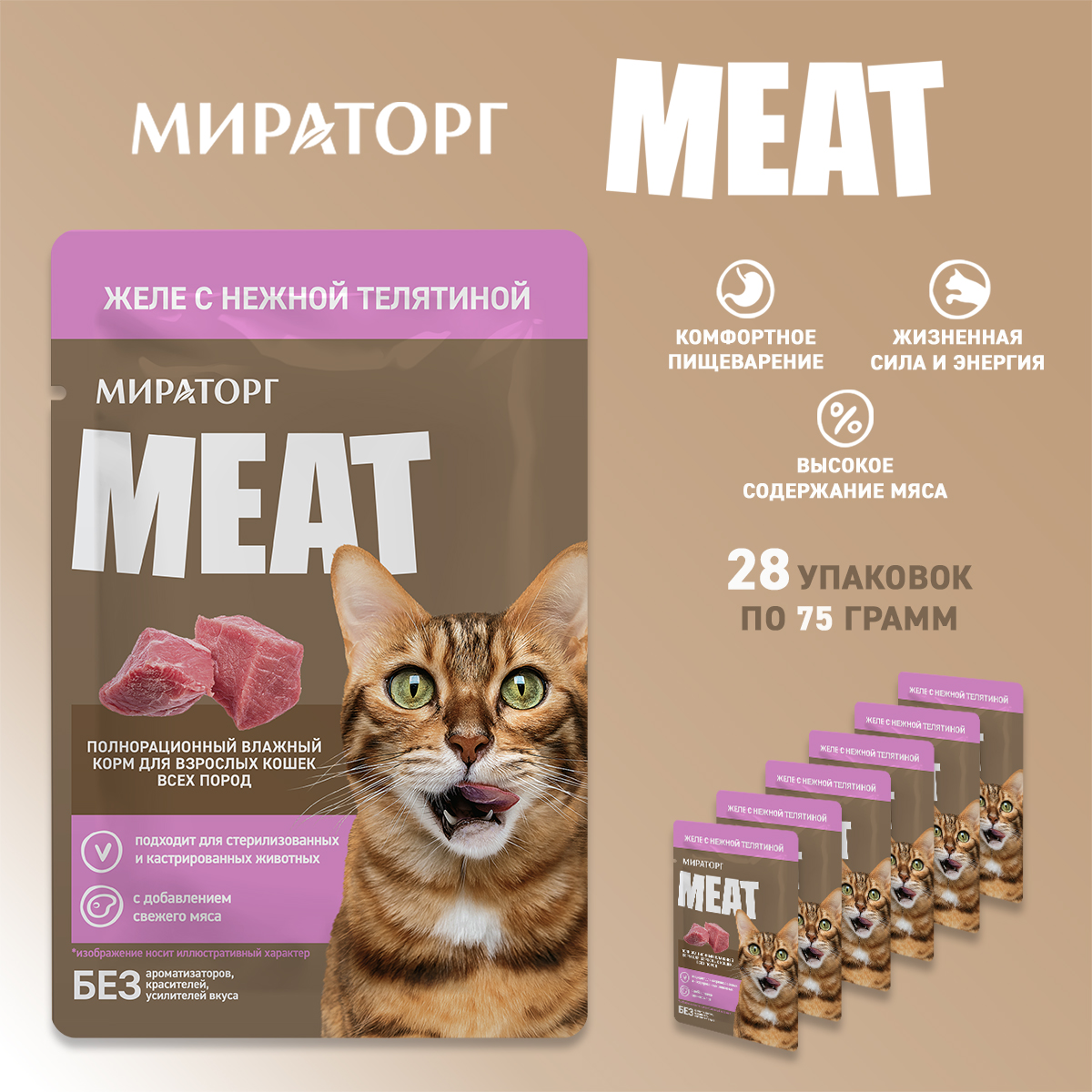 Влажный корм для кошек Мираторг Meat для взрослых кошек всех пород с нежной телятиной в желе (28x75г)