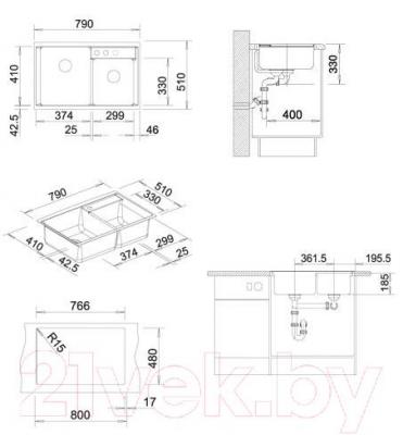 Мойка кухонная Blanco Axia II 8 / 516882 - габаритные размеры