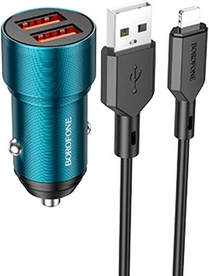 Зарядное устройство автомобильное Borofone BZ19 Lightning (сапфирово-синий) - 