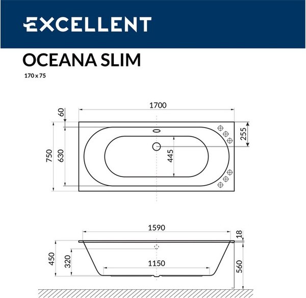 Купить Ванна акриловая Excellent Oceana Mono 170x75 Slim в Минске