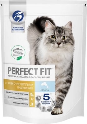 Сухой корм для кошек Perfect Fit Для взрослых кошек с чувствительным пищеварением. Лосось (650г) -