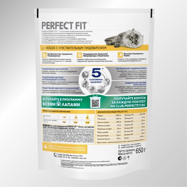Сухой корм для кошек Perfect Fit Для взрослых кошек с чувствительным пищеварением. Лосось (650г)