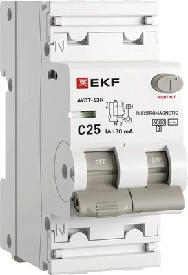 Дифференциальный автомат EKF 1P+N АВДТ-63N 1P+N 25А 30мА C AC / D63N26M25C30 - 