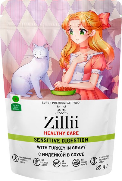 Влажный корм для кошек Zillii Sensitive Digestion с индейкой в соусе (85г)