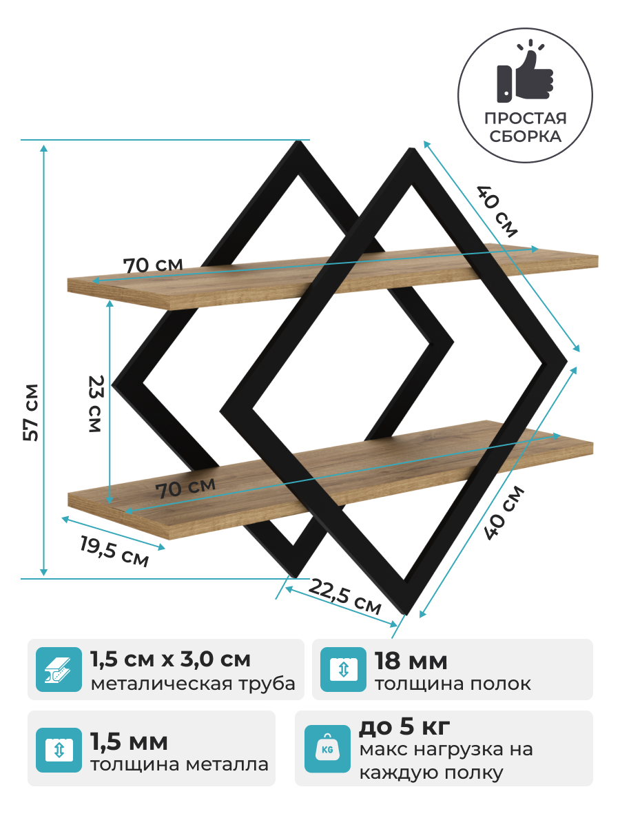 Полка Макс Стайл ПнР-400-2 навесная (дуб кантри золотой) — фото 6