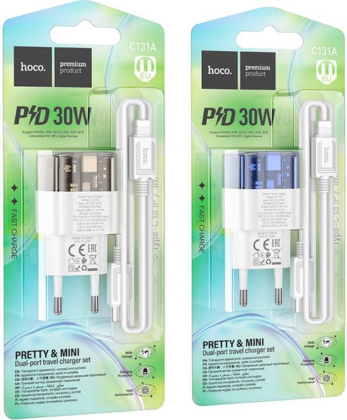 Зарядное устройство сетевое Hoco C131A Platinum 30W + кабель Type-C-Lightning (черный)