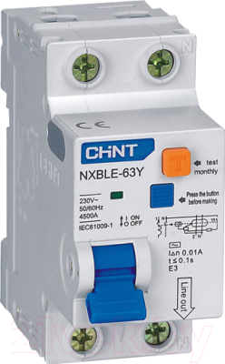 Дифференциальный автомат Chint NXBLE-63Y 1P+N 10A 30mA AС С 4.5kA / 105541
