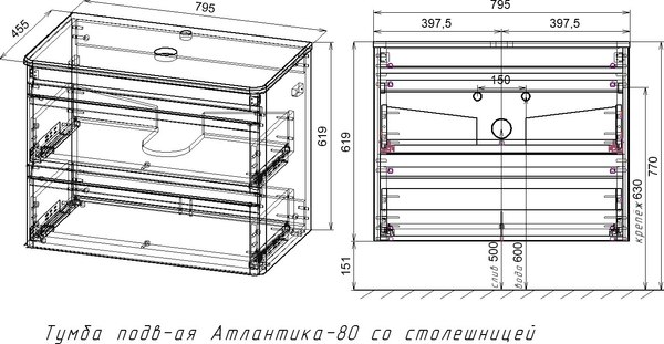 Тумба под умывальник Symbolite Атлантика 80 Люкс Plus 2 ящика со столешницей (подвесная, бетон темный)