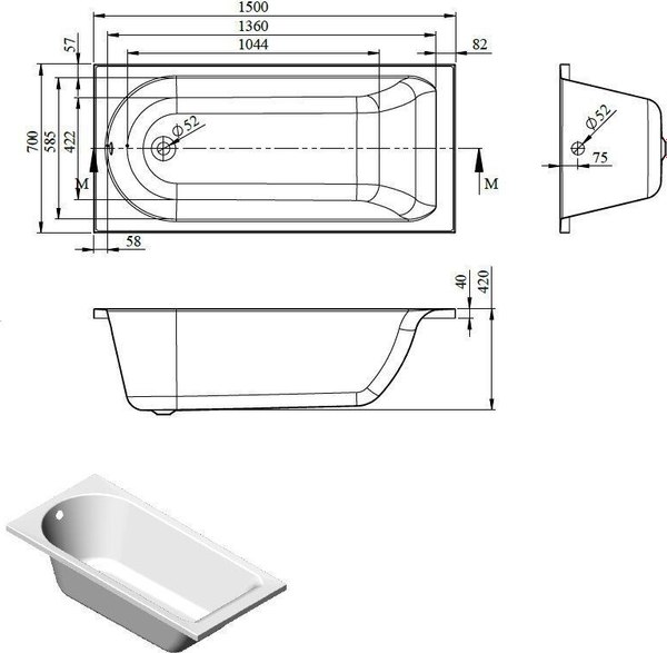 Купить Ванна акриловая Bonito Home Bora 150x70 / BH-BO-801-150/St в Гродно