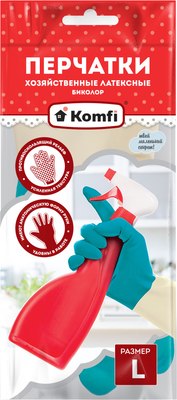 Перчатки хозяйственные Komfi BICOLO7 Латексные сверхпрочные (L, бежевый/бирюзовый) - 