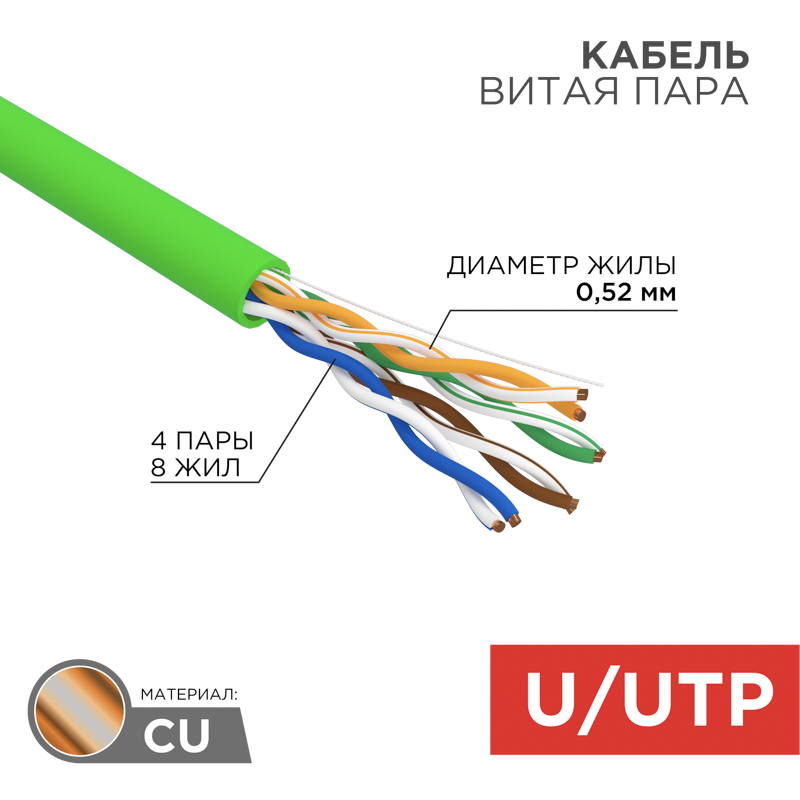 Кабель Rexant U/UTP CAT 5e PVC нг(А)-LSLTx 4x2x0,52мм 24AWG / 01-0061-R (305м, зеленый) — фото 2
