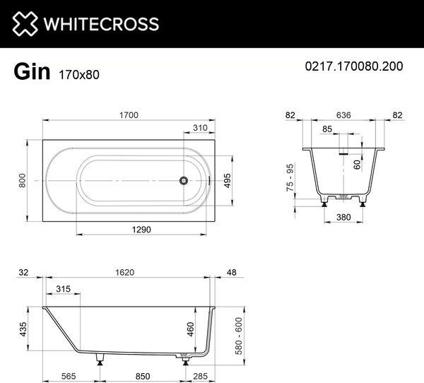 Купить Ванна из искусственного камня Whitecross Gin 170x80 / 0217.170080.200 в Минске