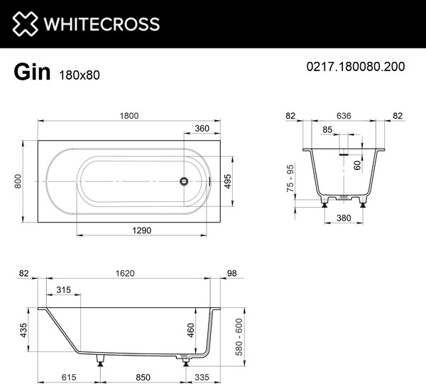 Купить Ванна из искусственного камня Whitecross Gin 180x80 / 0217.180080.200 в Минске