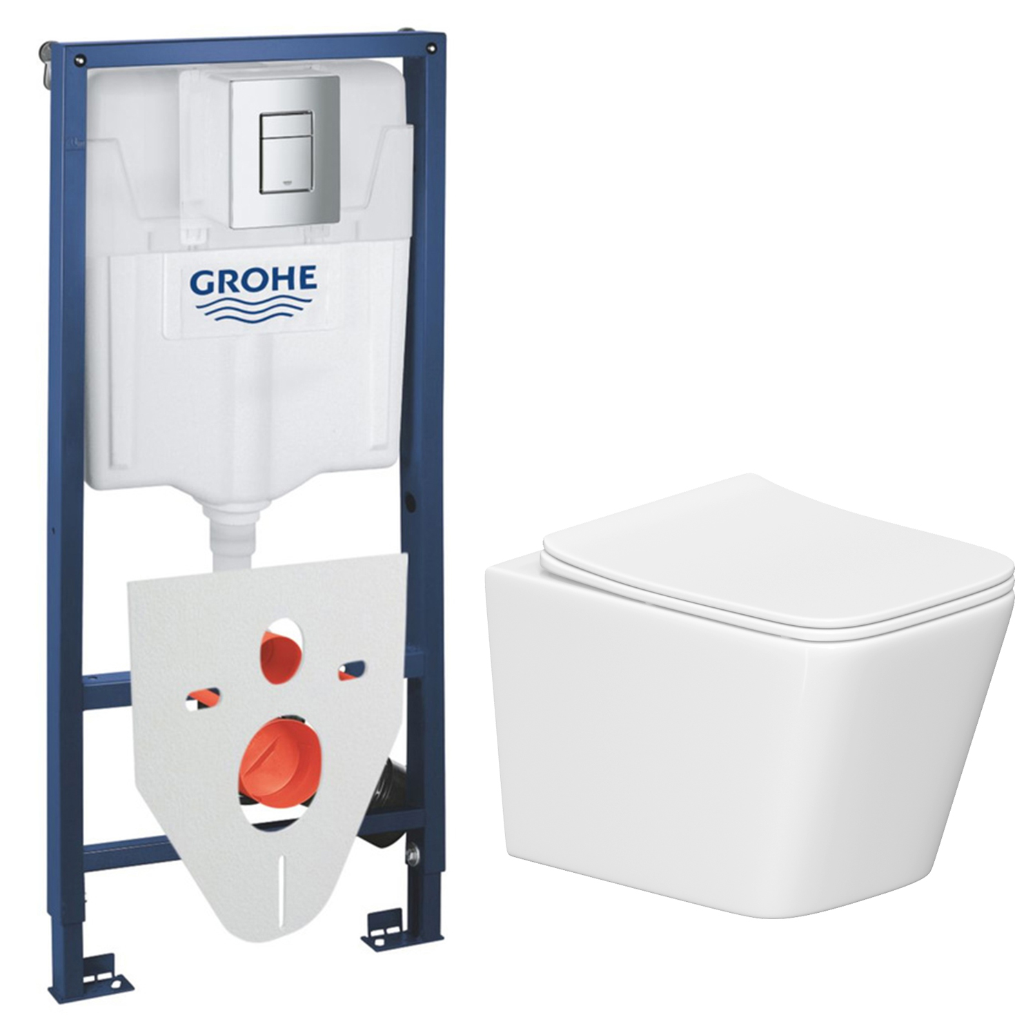 Унитаз подвесной с инсталляцией Lauter Square 214903 + GROHE Rapid SL 38772001 + GROHE 37131000 (прямоугольная, хром)