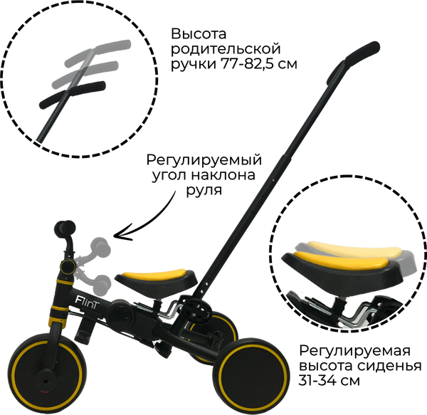 Трехколесный велосипед с ручкой Bubago Flint / BG-FPY-109-11 (черный/желтый)