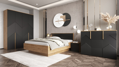 Комплект мебели для спальни Мебель-КМК Оливия 1 КМК 1024 (дуб наварра/MDP 46 шагрень черная) - 