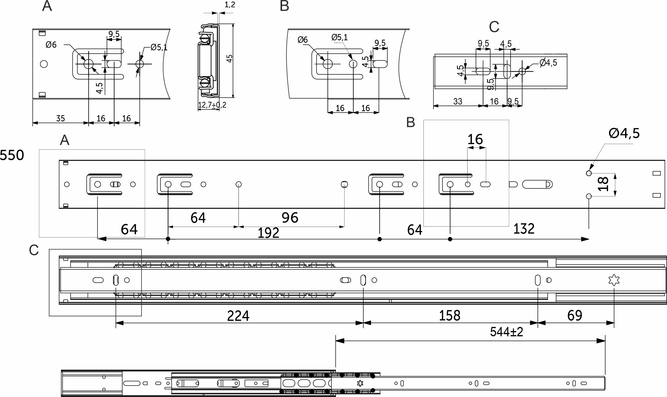 Комплект направляющих мебельных AKS 114 798 шариковые L-550 h=45 (soft close) — фото 3