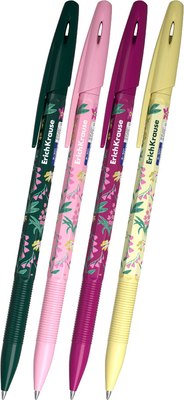 Набор шариковых ручек Erich Krause R-301 Stick Floral Soul / 63079 (4шт, синий) - 
