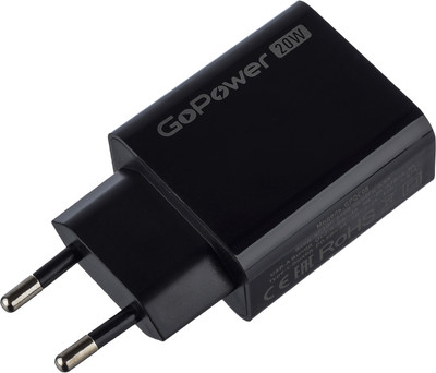 Адаптер питания сетевой GoPower GPQC08 1USB+1Type-C 20W QC3.0 / 00-00030975 (черный) -