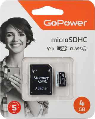 Карта памяти GoPower MicroSD 4GB Class10 15МБ/сек V10 / 00-00025672 (с адаптером) -