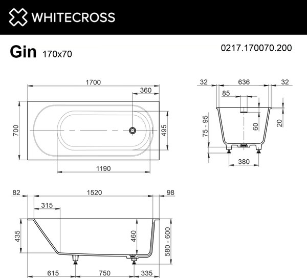 Купить Ванна из искусственного камня Whitecross Gin 170x70 / 0217.170070.200 в Минске