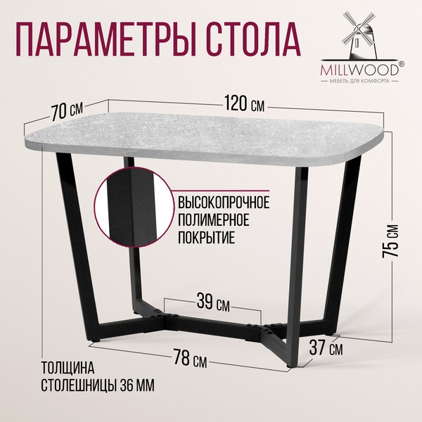 Купить Обеденный стол Millwood Лофт Мюнхен Л 1200х700х750 / 40668_bet_ch_33 в Жодино
