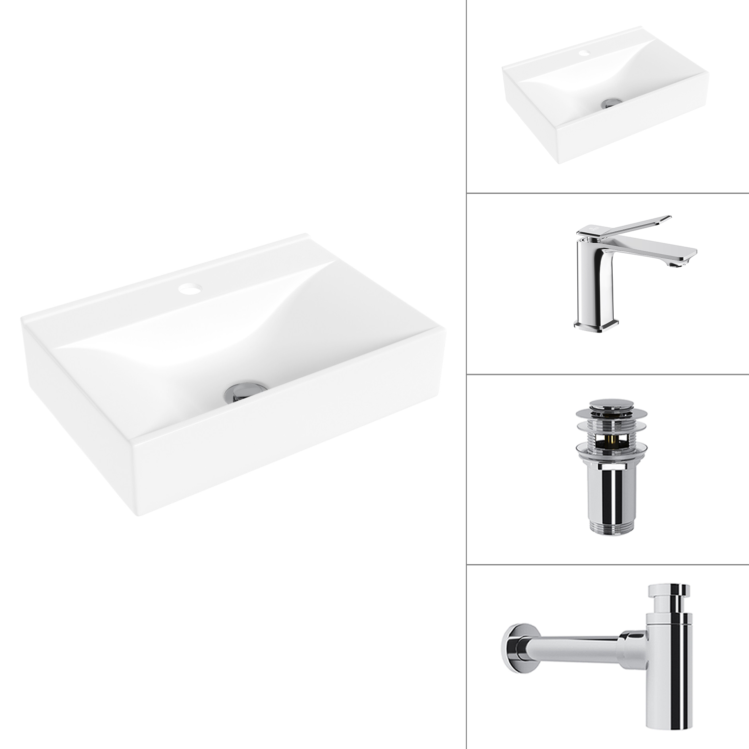 Умывальник со смесителем Lauter 21855 + Allure 21C618С + сифон 21635CH + донный клапан 21190CH (хром)