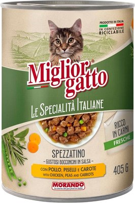

Влажный корм для кошек, Le Specialita Italiane кусочки в соусе курица, горох и морковь