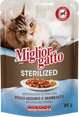 

Влажный корм для кошек, Sterilized Кусочки в желе рыба и креветки