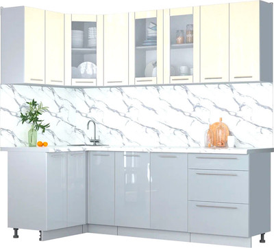 Кухонный гарнитур Интерлиния Мила Пластик 1.2x2.3 (ваниль/туманный глянец/белый гранит) - 