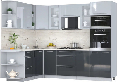 Кухонный гарнитур Интерлиния Мила Пластик 1.88x2.6 LV (туманный глянец/антрацит/бискайская сосна) - 