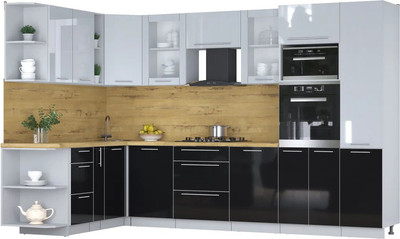 Кухонный гарнитур Интерлиния Мила Пластик 1.88x3.2 LV (туманный глянец/черный глянец/дуб бунратти) -