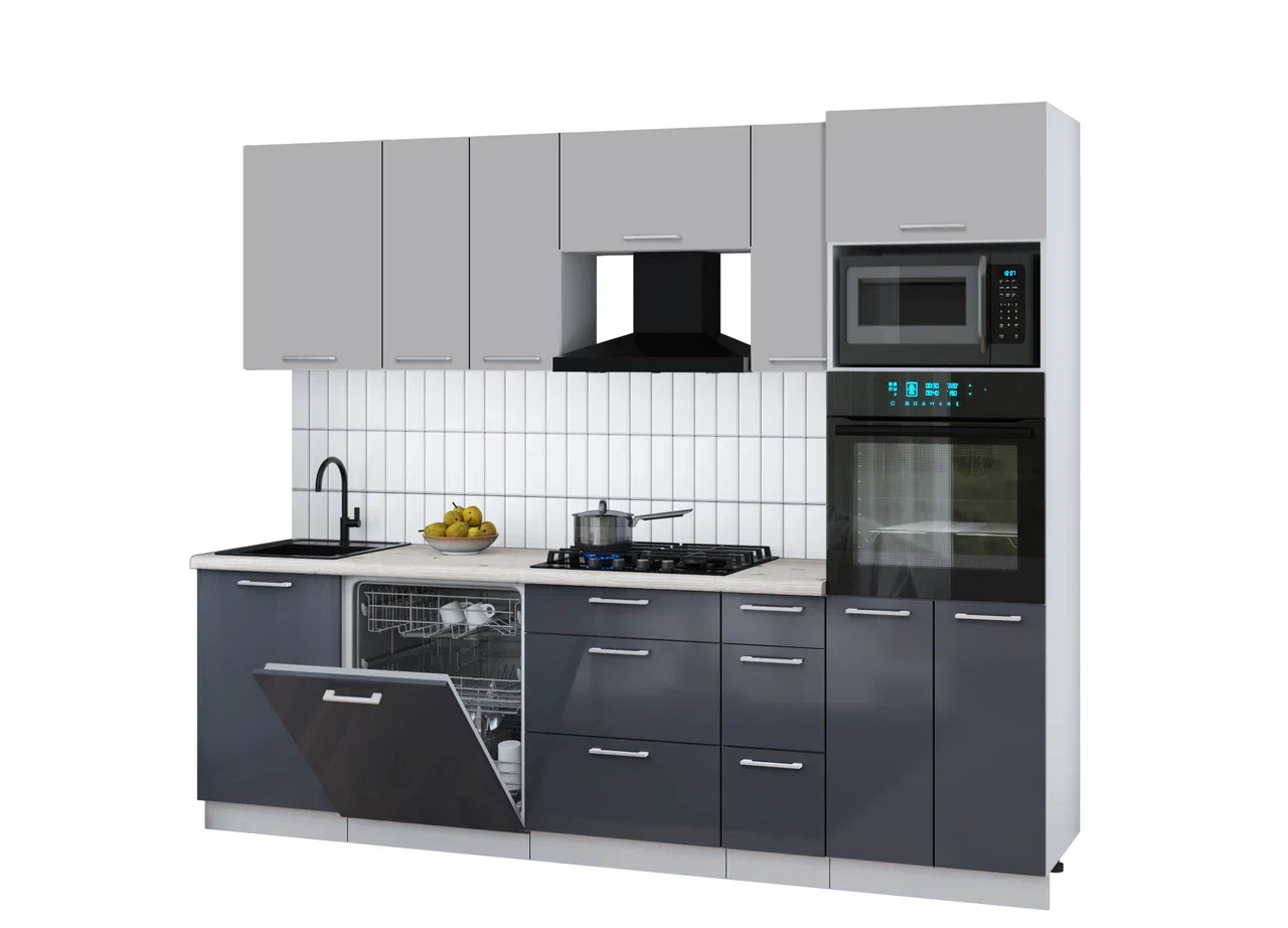 Кухонный гарнитур Interline Мила Gloss 2.6-ПМ1 (асфальт глянец/грей/бискайская сосна)