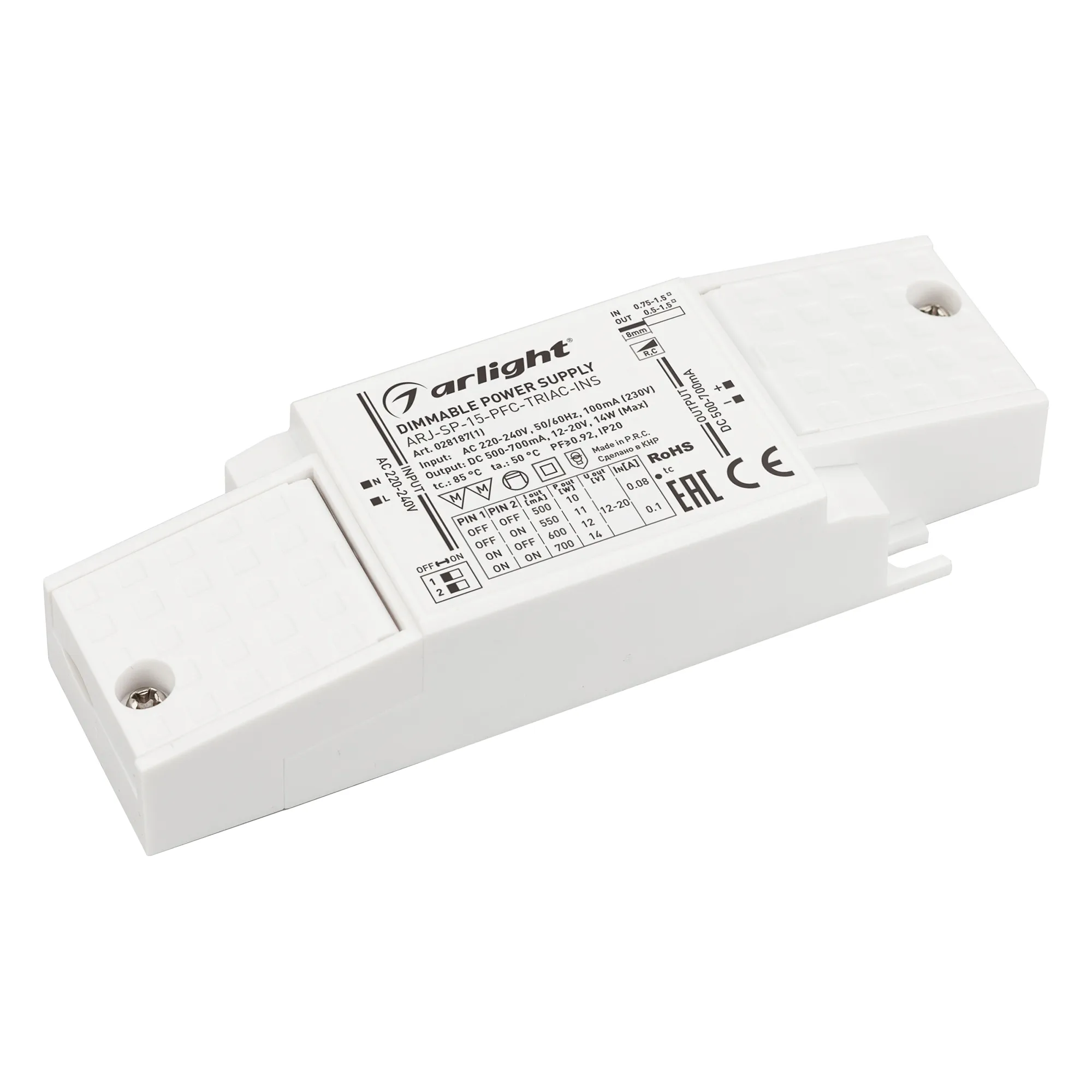 Блок питания для светильника Arlight ARJ-SP-15-PFC-TRIAC-INS 14W 12-20V 0.5-0.7A / 028187(1)