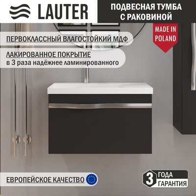 Тумба с умывальником Lauter Eva 69 (черный матовый/матовая сталь/искусственный мрамор) - 