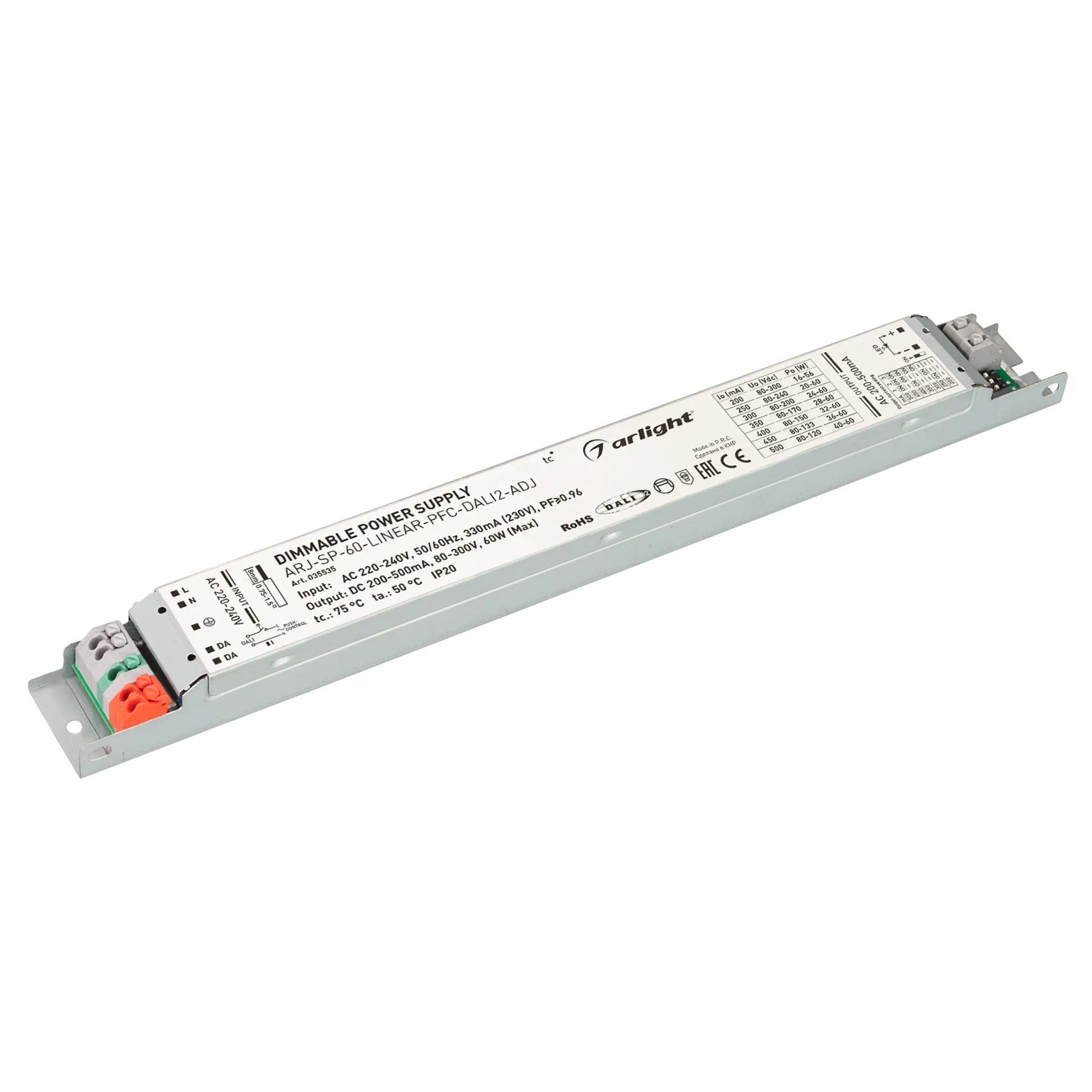 Блок питания для светильника Arlight ARJ-SP-60-LINEAR-PFC-DALI2-ADJ 60W 80-300V 0.2-0.5A / 035535