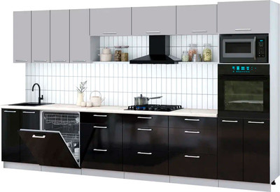 Кухонный гарнитур Интерлиния Мила Gloss 3.6-ПМ1-2 (черный глянец/грей/бискайская сосна) - 