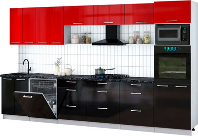 Кухонный гарнитур Интерлиния Мила Gloss 3.6-ПМ1-2 (черный глянец/красный глянец/кастилло темный) - 