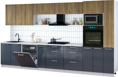 Кухонный гарнитур Интерлиния Мила Gloss 3.8-ПМ1 (асфальт глянец/дуб вотан/серый каспий) - 