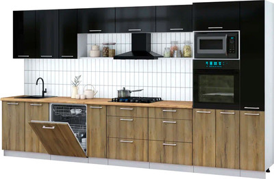 Кухонный гарнитур Интерлиния Мила Gloss 3.8-ПМ1 (дуб вотан/черный глянец/дуб бунратти) - 