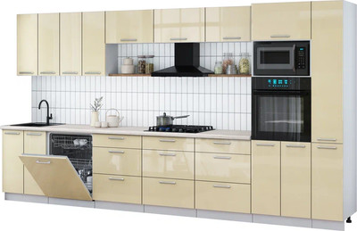 Кухонный гарнитур Интерлиния Мила Gloss 3.9-ПМ1 (ваниль глянец/ваниль глянец/травертин серый) -