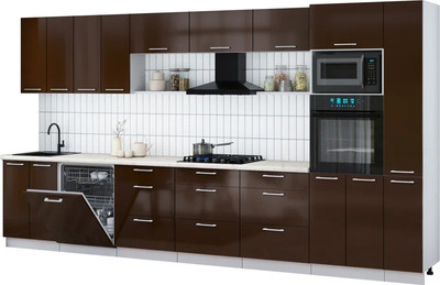 Кухонный гарнитур Интерлиния Мила Gloss 3.9-ПМ1 (шоколад глянец/шоколад глянец/бискайская сосна) -